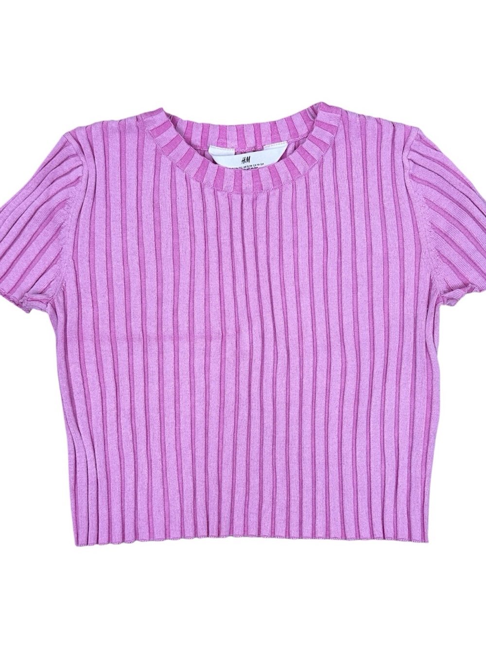 H&M Girls Ribbed Knit Short Sleeve Top -  Pink Stripe